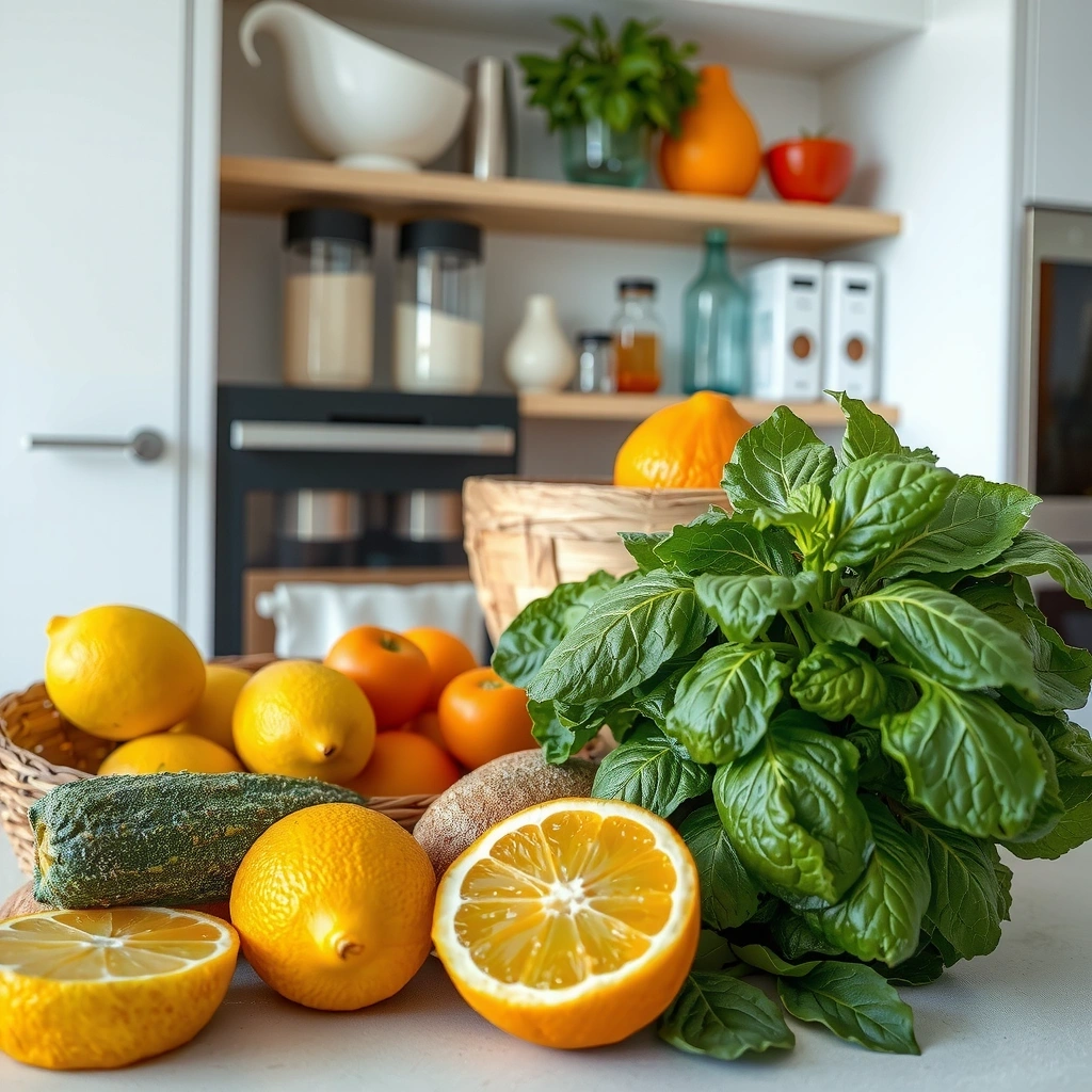 Variedade de alimentos frescos e saudáveis dispostos em cozinha moderna